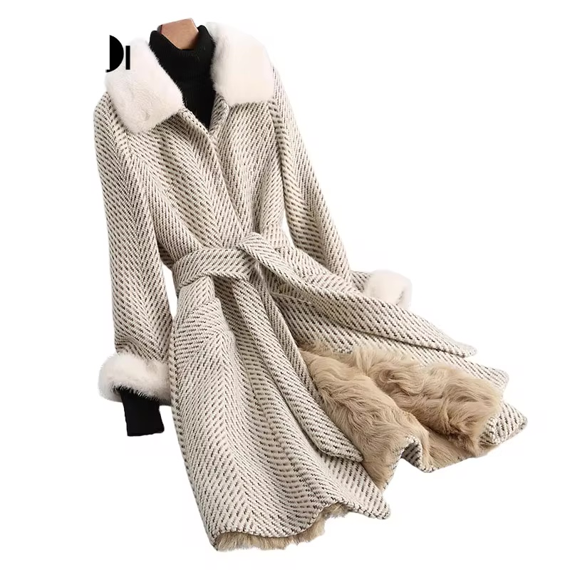 A68247 Women Herringbone wool belt coat mink fur collar lamb...