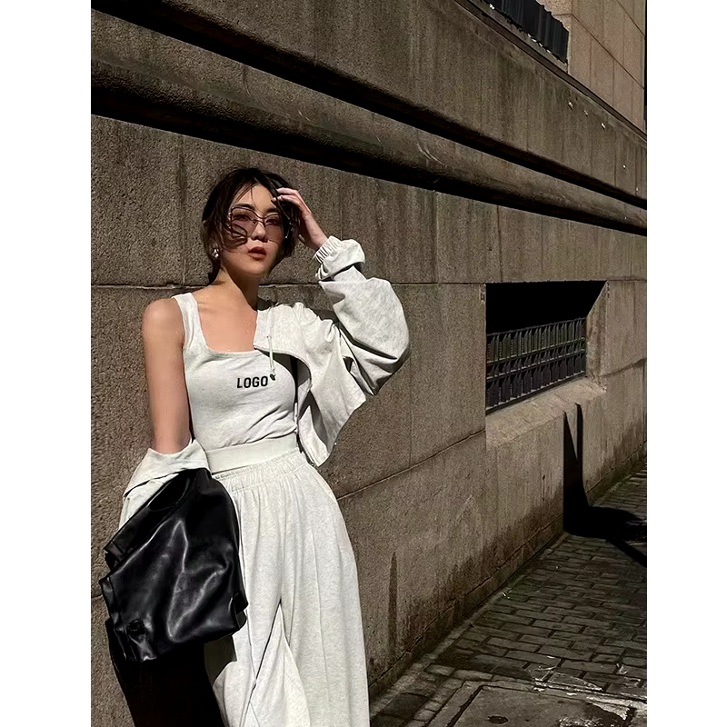 Custom Hoodies 3 Piece Crop Top Jogger Set Causal Tanktop Pa...