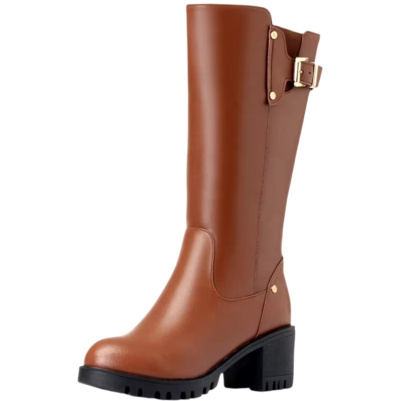 Female Mid-Leg Boots New Chunky Sole Non-Slip Cashmere Genui...