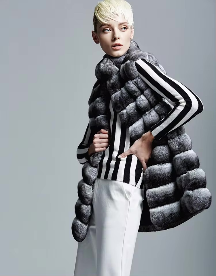 Genuine Chinchilla Rabbit Fur Jacket Coat for Women's