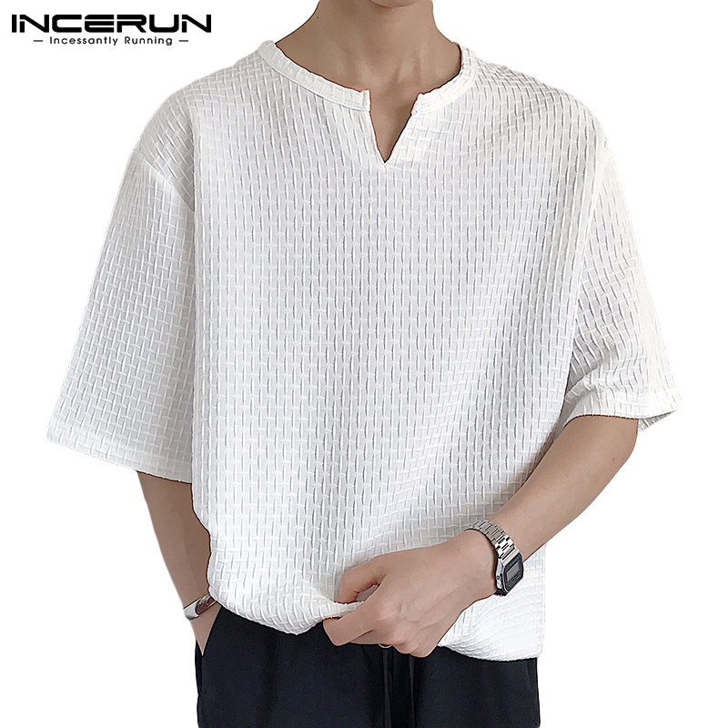 INCERUN Men Fashion V Collar Short Sleeve Solid Color Overis...