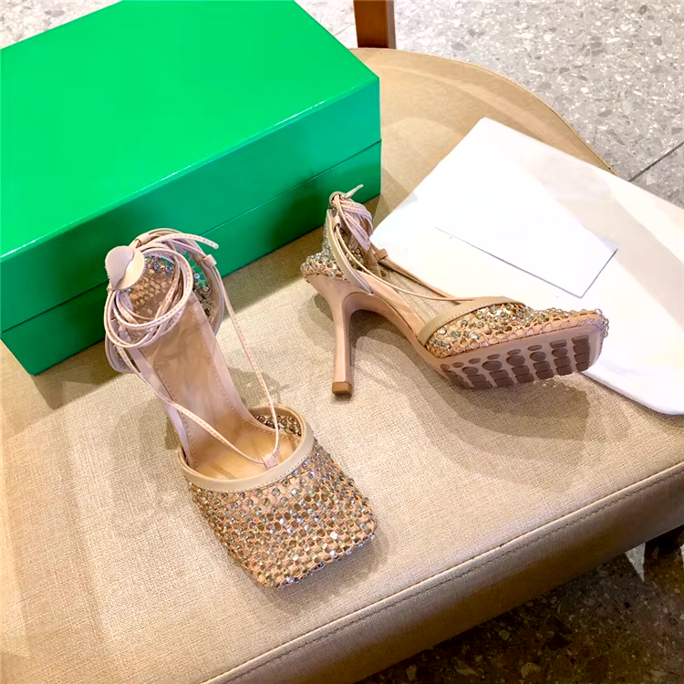 Luxury Rhinestones Square Toe High Heels Mesh Hollow Out Lac...